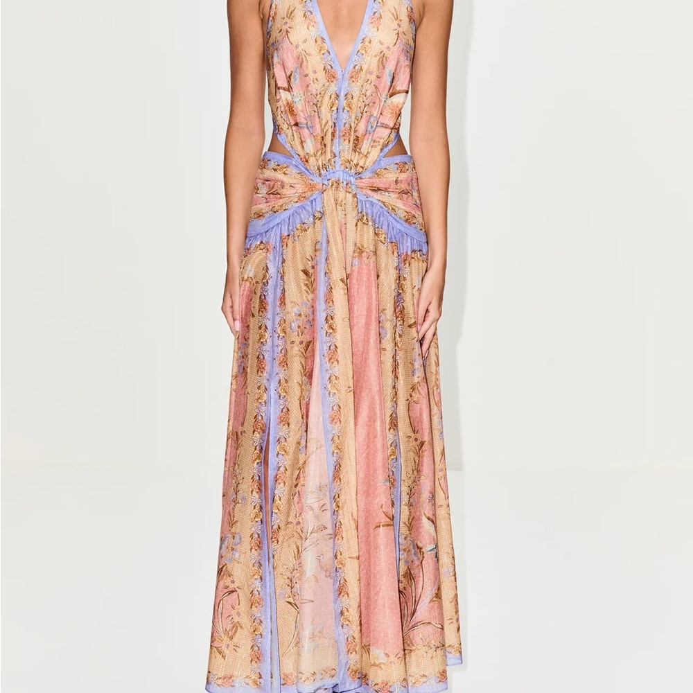 Zimmermann Pink and Lavender Floral Halter Cutout Maxi Dress